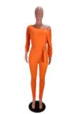 Orange Fashion Casual Solid bandage Long Sleeve one word collar Jumpsuits