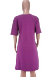 Blanc mode décontracté blanc bleu violet manches courtes col rond asymétrique genou longueur robes imprimées