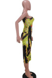 Pink Fashion Sexy Red Blue Green Pink Yellow Spaghetti Strap Sleeveless Slip A-Line Mid-Calf Print Character Dresses