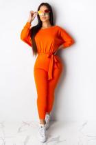 Orangefarbene, modische, lässige, einfarbige, langärmlige Ein-Wort-Kragen-Jumpsuits