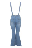 Dunkelblau Hellblau Dunkelblau Jeans-Trägerhose Ärmellos hohe Patchwork-Hosen mit festem Loch und Boot-Cut-Schnitt Hosenunterteile