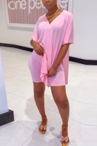Pink Fashion Street Solid Two Piece Suits Straight Short Sleeve Two Pieces T-shirts Tops And Shorts Sets