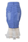 Blue Button Fly Sleeveless Mid Solid Mesh A-line Ruffle Mesh Hem Split Denim Midi Skirt Bottoms