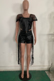 Черная мода, однотонная сетка с кисточками, с открытыми плечами, с короткими рукавами, две части