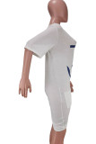 パープルファッションカジュアルホワイトブルーパープルキャップスリーブ半袖Oネック非対称膝丈プリントドレス