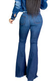 Dark Blue Button Fly Sleeveless High Animal Prints Solid Hole washing Old Boot Cut Flare Leg Denim Jeans Pants Bottoms