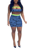 Blue Fashion Sexy Print Two Piece Suits pencil Sleeveless Two Pieces