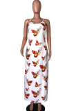 イエロー ファッション ストリート ホワイト ブラウン イエロー スパゲッティ ストラップ ノースリーブ V ネック ペンシル ドレス 床長さのプリント花柄動物ドレス