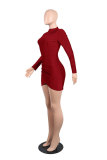 Wine Red Long Sleeve Mid Solid Hip skirt shorts