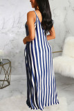 Blue Fashion Sexy Black Blue Pink Spaghetti Strap Sleeveless V Neck Swagger Floor-Length Striped Dresses
