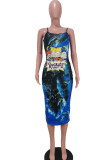Yellow Fashion Sexy Red Blue Green Pink Yellow Spaghetti Strap Sleeveless Slip A-Line Mid-Calf Print Character Dresses