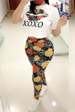 Red Fashion adult Street Letter Patchwork Print Two Piece Suits Lips Print pencil Short Sleeve Two Pieces