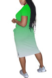 グリーン ファッション ストリート レッド ブラック ブルー グリーン オレンジ イエロー ローズ 赤 パープル キャップ スリーブ 半袖 O ネック ステップ スカート ミッドカーフ オンブル ソリッド ドレス