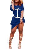 Bleu mode décontracté blanc bleu violet manches courtes col rond asymétrique genou longueur robes imprimées