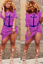 purple Polyester Fashion Casual White Blue purple Cap Sleeve Short Sleeves O neck Asymmetrical Knee-Length Print Dresses