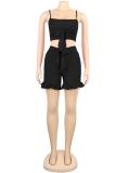 Black Fashion Sexy Solid Two Piece Suits Slim fit asymmetrical Regular Sleeveless Two-Piece Sho
