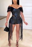 Black Fashion Solid Tassel Mesh Off the Shoulder Short Sleeve Two Pieces