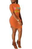 オレンジ ファッション カジュアル 大人 ブラック オレンジ キャップ スリーブ 半袖 O ネック ステップ スカート ミニ プリント パッチワーク キャラクター ドレス