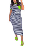 パープル ファッション カジュアル レッド ブルー グリーン オレンジ パープル キャップ スリーブ 半袖 O ネック ステップ スカート ミッドカーフ ストライプ ドレス