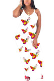ブラウン ファッション ストリート ホワイト ブラウン イエロー スパゲッティ ストラップ ノースリーブ V ネック ペンシル ドレス 床長さのプリント花柄動物ドレス