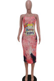 Pink Fashion Sexy Red Blue Green Pink Yellow Spaghetti Strap Sleeveless Slip A-Line Mid-Calf Print Character Dresses