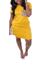 Желтый Модный уличный розовый Желтый Светло-голубой фиолетовый с короткими рукавами и короткими рукавами О-образным вырезом Платье-карандаш Платье до колен с принтом в стиле пэчворк Леопардовые карманные платья