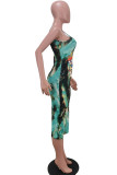 Green Fashion Sexy Red Blue Green Pink Yellow Spaghetti Strap Sleeveless Slip A-Line Mid-Calf Print Character Dresses