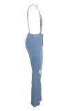 Pantalon à bavette en denim bleu clair bleu foncé sans manches haut patchwork solide trou botte coupe pantalon bas