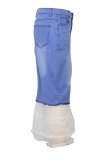 Denim azul botão Fly sem mangas patchwork médio de malha sólida saia linha A calças calças