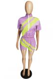 Light Purple Fashion Casual Two Piece Suits asymmetrical crop top Zippered Regular Short Sleeve Two-Pi