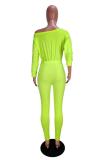 Green Fashion Casual Solid bandage Long Sleeve one word collar Jumpsuits