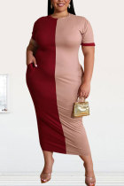 Rose mode Sexy adulte O cou Patchwork solide contraste couleur couture grande taille