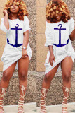 Bleu mode décontracté blanc bleu violet manches courtes col rond asymétrique genou longueur robes imprimées