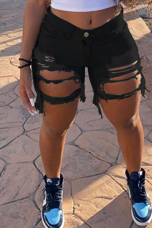 Black White Black Light Blue Zipper Fly Mid Solid Hole pencil Capris Bottoms Ripped Denim Shorts