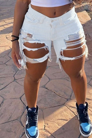 White Black Light Blue Zipper Fly Mid Solid Hole pencil Capris Bottoms Ripped Denim Shorts