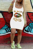 Black Fashion Casual adult White Black Tank Sleeveless Square Step Skirt Mini Print Patchwork Character lip Dresses
