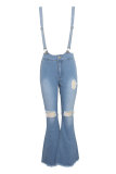 Dunkelblau Hellblau Dunkelblau Jeans-Trägerhose Ärmellos hohe Patchwork-Hosen mit festem Loch und Boot-Cut-Schnitt Hosenunterteile