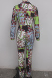 Green Sexy Print Button Long Sleeve O Neck Jumpsuits