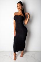 Black Polyester Sexy Fashion Off The Shoulder Sleeveless Wrapped chest Sheath Ankle-Length Solid Draped  C