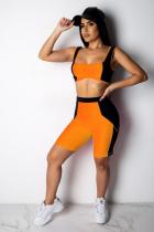 Orange Polyester Sexy Fashion Casual crop top Patchwork Geometric Skinny  Two-Piece Short Set
