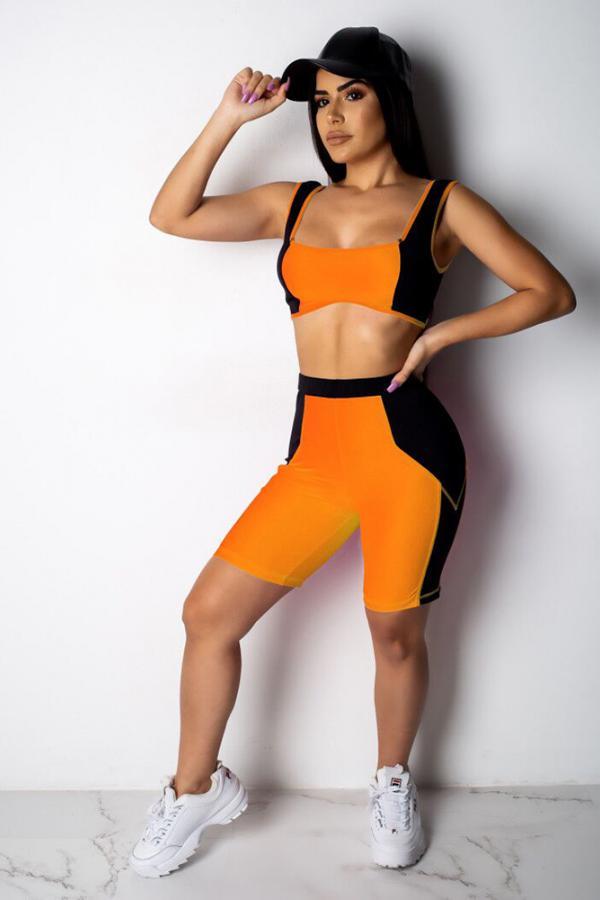 Orange Sexy Fashion Casual Crop Top Patchwork Geometrisch Skinny Zweiteiliges kurzes Set