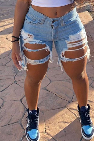 Light Blue White Black Light Blue Zipper Fly Mid Solid Hole pencil Capris Bottoms Ripped Denim Shorts
