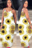 ブラウン ファッション ストリート ホワイト ブラウン イエロー スパゲッティ ストラップ ノースリーブ V ネック ペンシル ドレス 床長さのプリント花柄動物ドレス