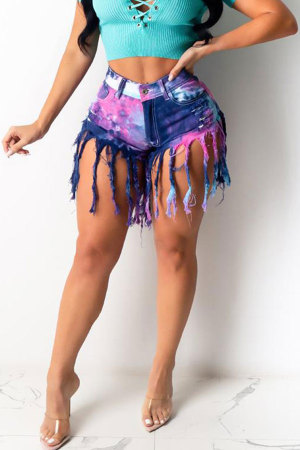 Dark Blue Yellow Dark Blue Button Fly Sleeveless Mid Patchwork Print Hot Pants Old Straight Shorts Bottoms Tie Dye Fringed Tassel Denim Shorts