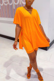 Oranje mode-straat effen tweedelige pakken rechte twee stukken met korte mouwen
