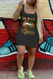 黒ファッションカジュアル大人白黒タンクノースリーブスクエアステップスカートミニプリントパッチワークキャラクターリップドレス