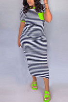 グリーン ファッション カジュアル レッド ブルー グリーン オレンジ パープル キャップ スリーブ 半袖 O ネック ステップ スカート ミッドカーフ ストライプ ドレス