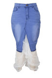 Blå jeansknapp med gylf ärmlös Mid Patchwork Solid Split Mesh A-linje kjol Byxor Nederdelar