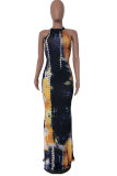 Grey Fashion adult Street Grey Dark Blue Off The Shoulder Sleeveless O neck Pencil Dress Floor-Length Print Patchwork Tie and dye hollow out Dresses
