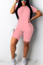 Roze Mode Sexy Effen Tweedelige Pakken Potlood Korte Mouw Twee Stukken
